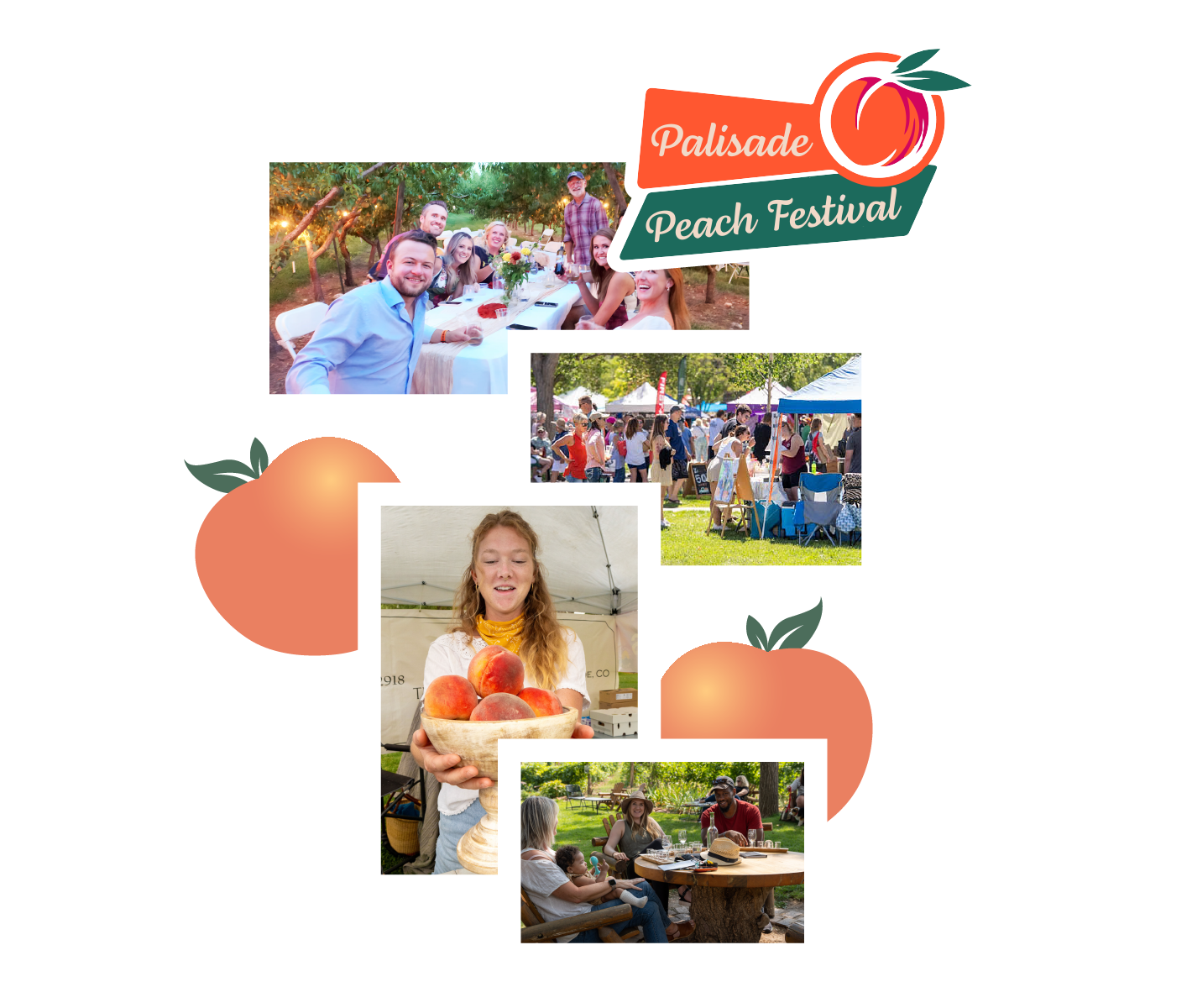 Collage of Palisade Peach Festival: people dining, crowd at event, woman with peaches, and outdoor gathering.