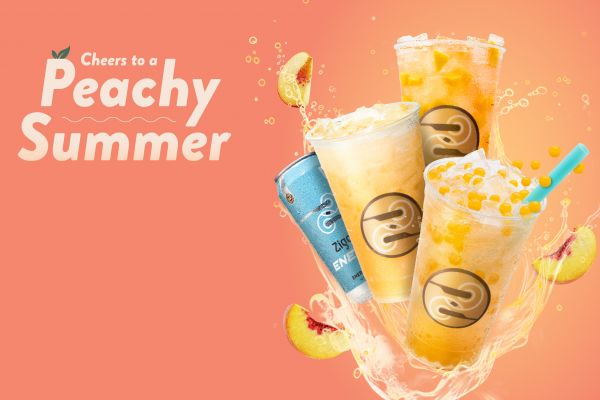 The image features the text "Peachy Summer Sweepstakes" with peach drinks, peach slices, and a blue energy can.