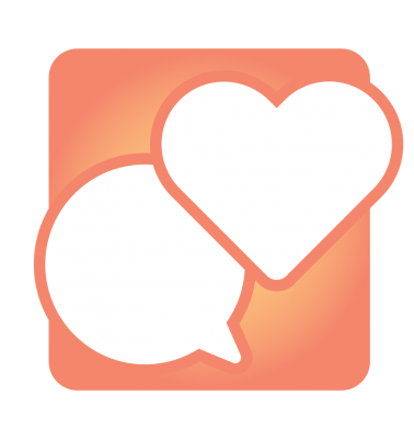 Image of a heart icon and a chat icon on an orange background.