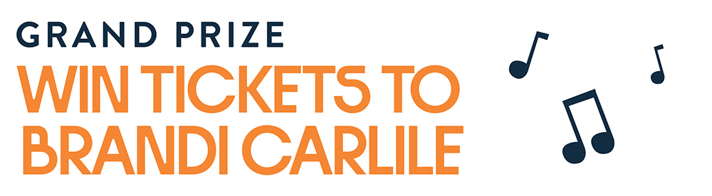 Text graphic reading 'Grand Prize — Win Tickets to Brandi Carlile' in navy and orange, with music note illustrations.