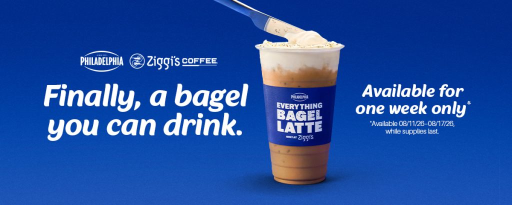Philadelphia Cream Cheese × Ziggi's Coffee collab banner on a blue background featuring an iced Everything Bagel Latte being topped with cream cheese spread. Text: 'Finally, a bagel you can drink. Available for one week only — 08/11/26–08/17/26, while supplies last.