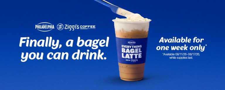 Philadelphia Cream Cheese × Ziggi's Coffee collab banner on a blue background featuring an iced Everything Bagel Latte being topped with cream cheese spread. Text: 'Finally, a bagel you can drink. Available for one week only — 08/11/26–08/17/26, while supplies last.
