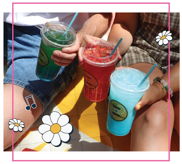 Three people sitting together outdoors, each holding a Ziggi's Coffee branded drink — green, red, and blue — with daisy and music note illustrations overlaid on a pink-bordered photo.