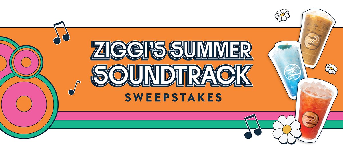 Ziggi's Summer Soundtrack Sweepstakes banner with a retro orange, pink, and teal design featuring music notes, groovy circle graphics, daisies, and three Ziggi's branded iced drinks — a cold brew, a blue fruit drink, and a red iced tea.