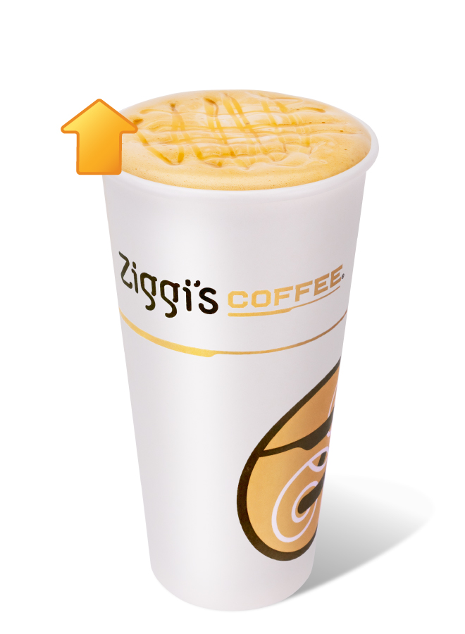 Ziggi's Coffee Hot Protein Fireside drink in a white branded cup with a caramel drizzle crosshatch on top