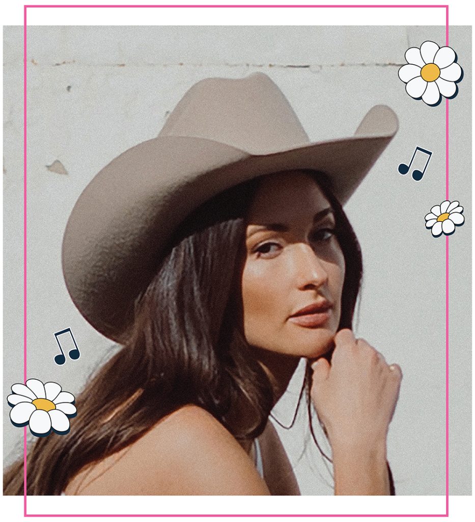 Photo of Kacey Musgraves in a cowboy hat, framed with a pink border and daisy and music note illustrations.