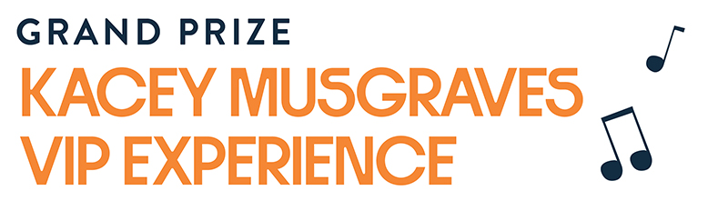 Text graphic reading 'Grand Prize — Kacey Musgraves VIP Experience' in navy and orange, with music note illustrations.