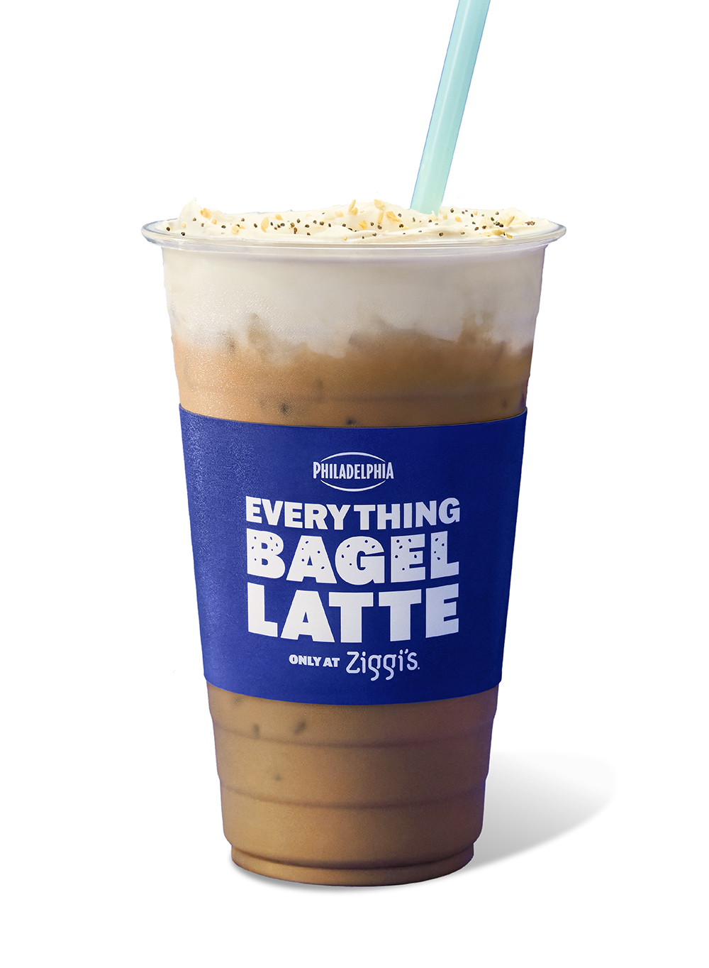 Philadelphia × Ziggi's Coffee Everything Bagel Latte on a white background — an iced latte with cream cheese cold foam and everything bagel seasoning on top, with a teal straw.