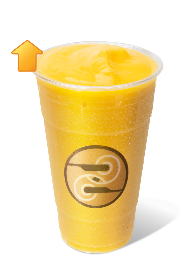 Ziggi's Coffee Protein Mango Smoothie in a clear cup with a bright yellow-orange tropical blend