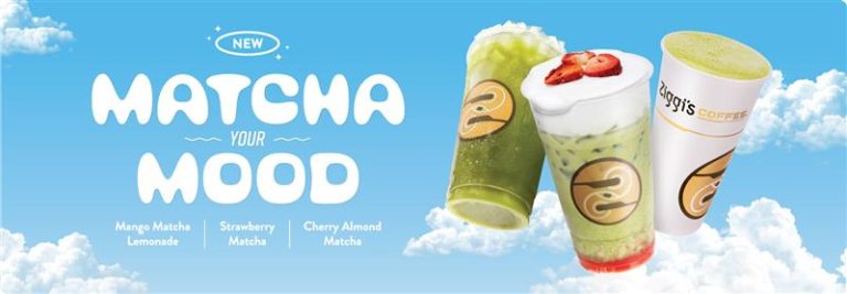 Promotional image for Ziggi’s Coffee featuring three matcha drinks: mango matcha lemonade, strawberry matcha with cold foam, and cherry almond matcha, with the text “Matcha Your Mood.”