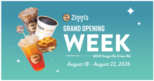 Ziggi's Coffee Grand Opening Week banner for 8020 Sangre De Cristo Rd, August 18-22, 2026, with iced coffee and coffee cup
