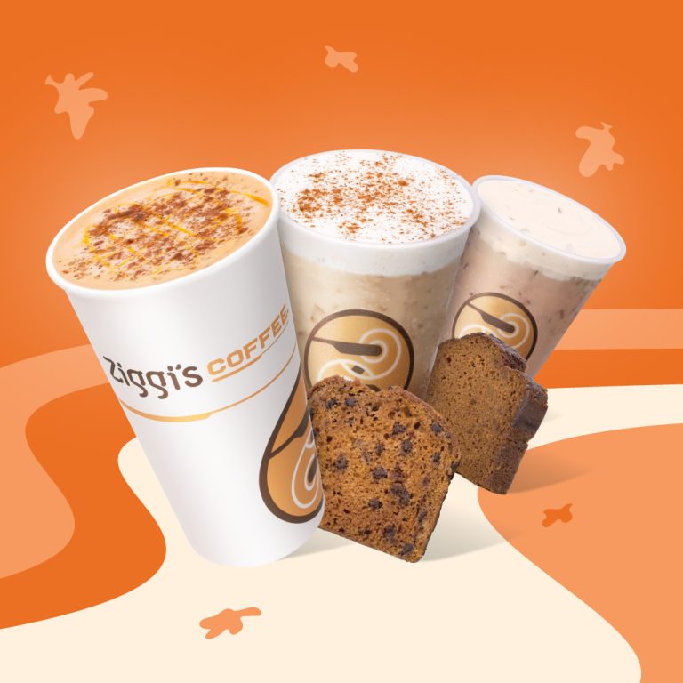 A hot Pumpkin Pie Latte, Pumpkin Shaken Espresso, and Iced Chai with Pumpkin Cream Cold Foam in Ziggi's cups, alongside two slices of pumpkin bread.