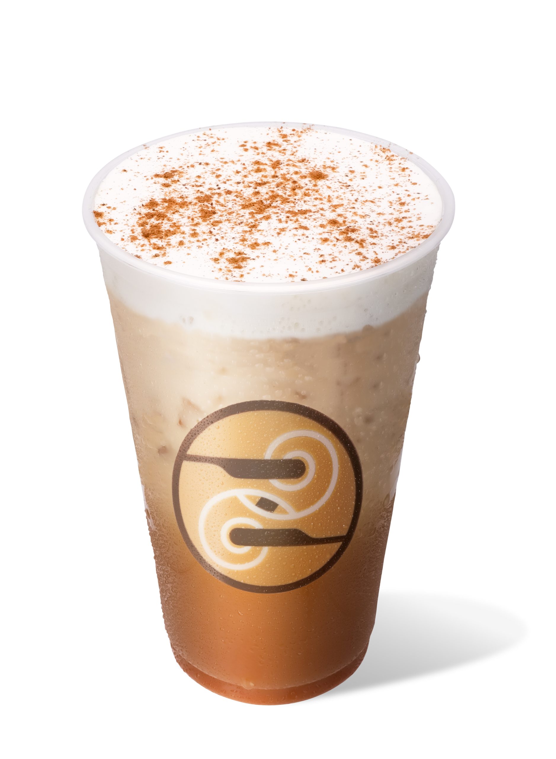Iced pumpkin espresso drink in a Ziggi's cup, topped with sweet cream cold foam and cinnamon.
