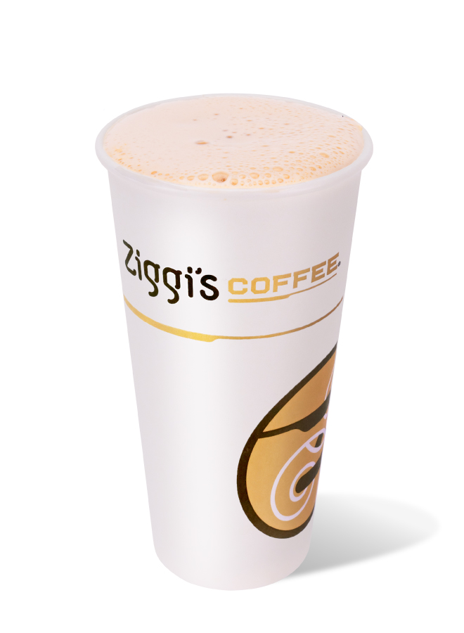 Hot Banana Bread Chai in a Ziggi's Coffee cup, on a white background.