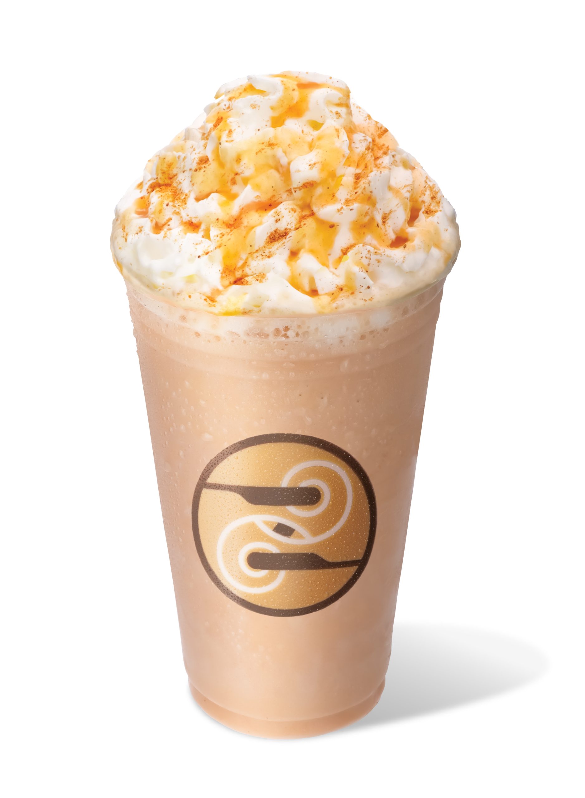 Blended pumpkin drink in a Ziggi's cup, topped with whipped cream, pumpkin drizzle, and cinnamon.
