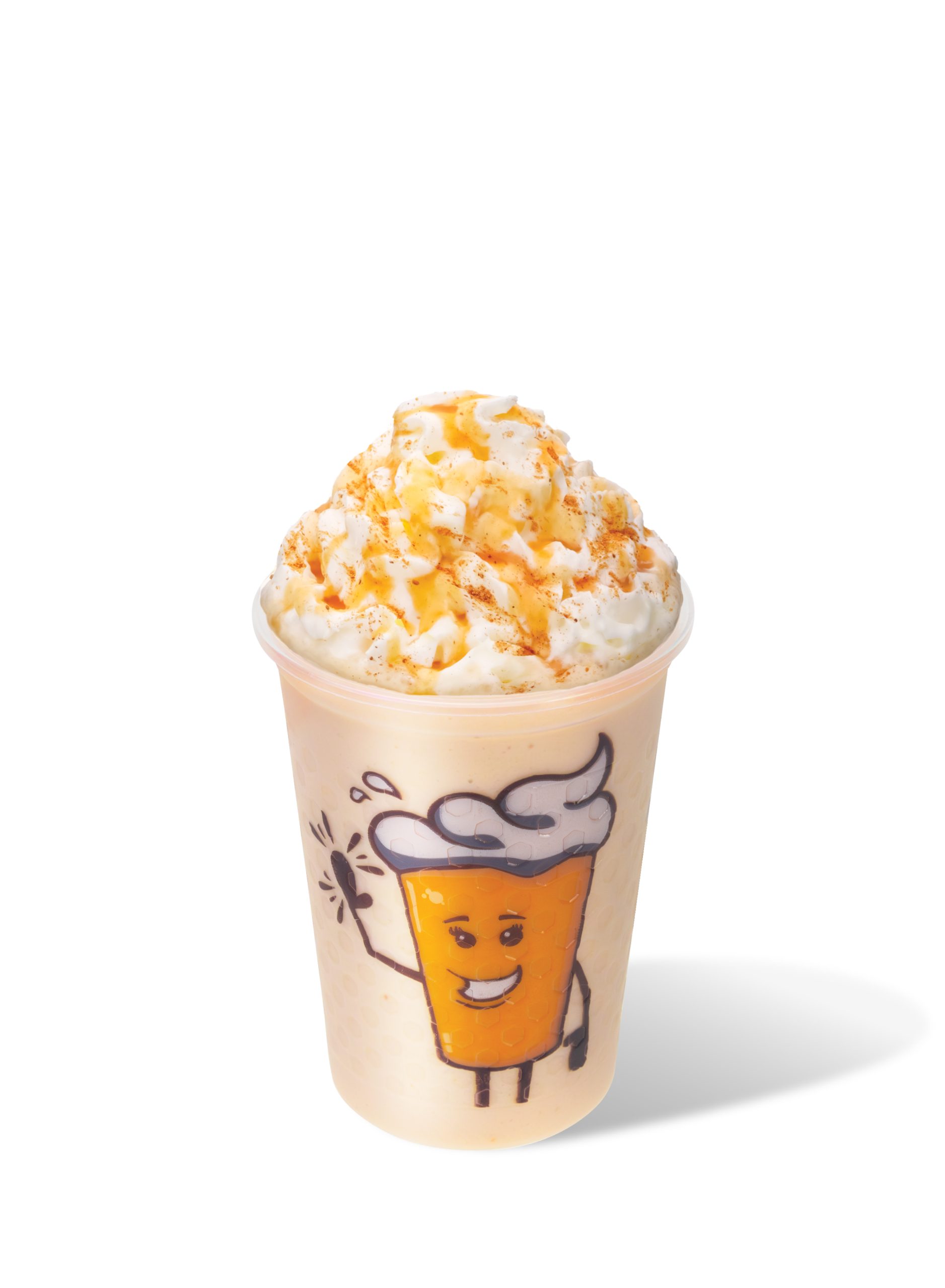 Lil' Frozen Pumpkin Pie in a Ziggi's kids cup featuring a smiling cartoon cup mascot, topped with whipped cream, pumpkin drizzle, and cinnamon.
