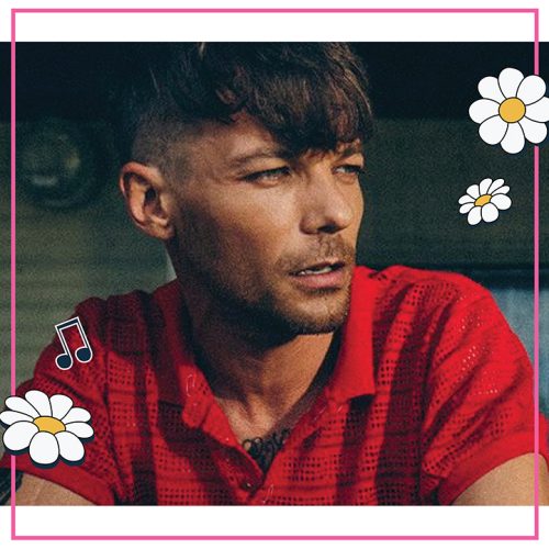 Photo of Louis Tomlinson wearing a red polo shirt, framed with a pink border and daisy and music note illustrations.
